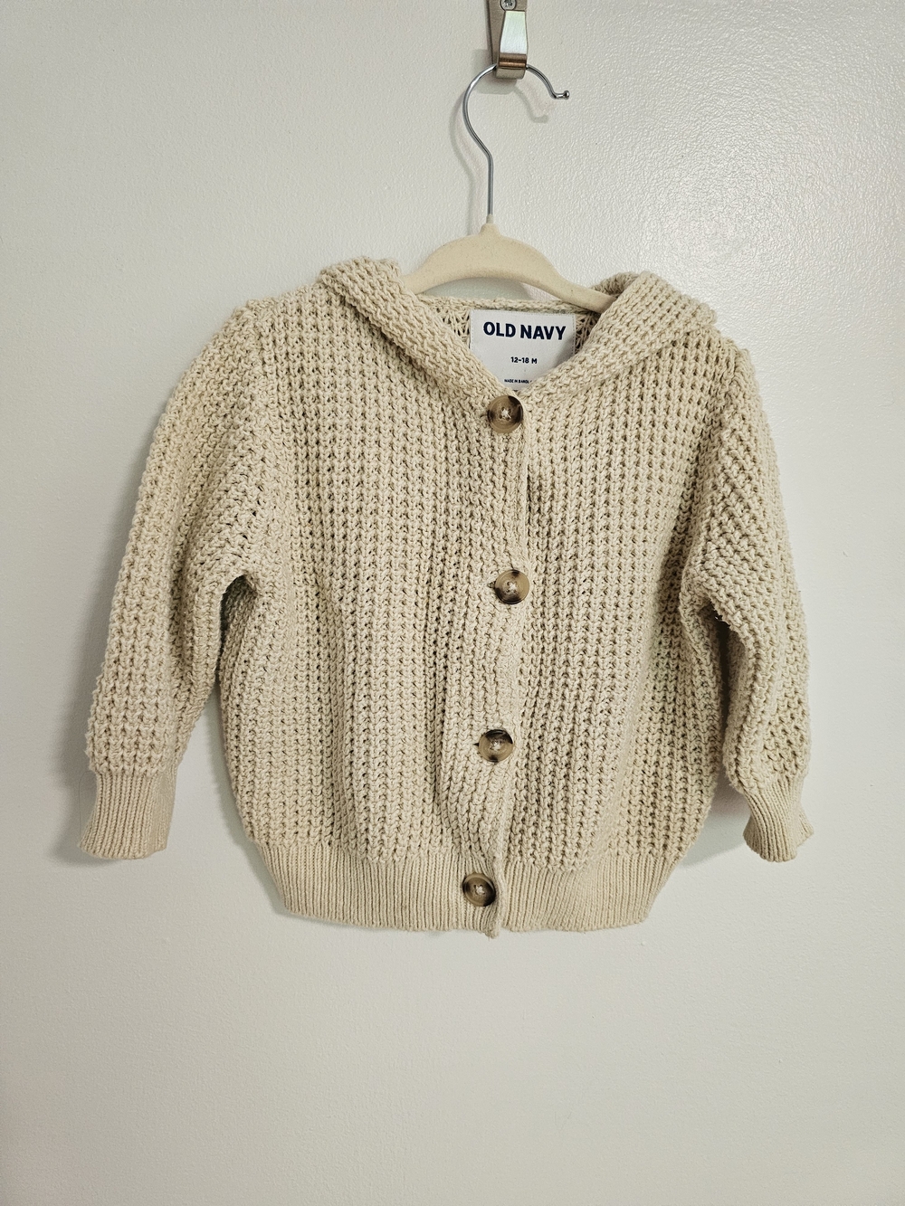🧸2/20$ Old Navy Toddler 12-18M Beige Hooded Knit Cardigan Crochet Sweater Baby